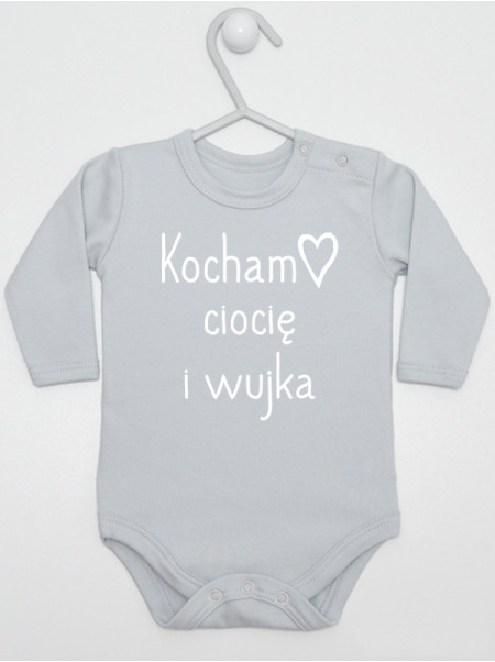 Body z nadrukiem Kocham Ciocię i Wujka rozmiar 68, kolor szary, długi rękaw Body z nadrukiem Kocham Ciocię i Wujka rozmiar 68, kolor szary, długi rękaw