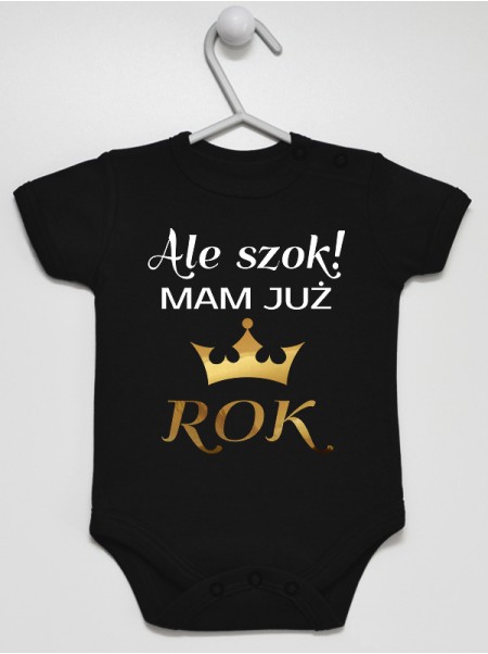 Body na roczek z napisem Ale Szok Mam Już Rok rozmiar 86, kolor czarny, krótki rękaw