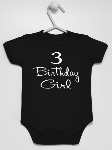 Trójka i Napis Birthday Girl - body dla dziewczynki na trzecie urodziny