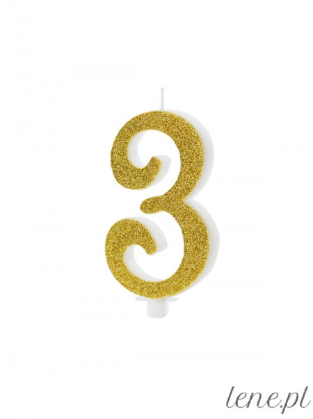 Cyfra Trzy Złota Brokat - świeczka urodzinowa