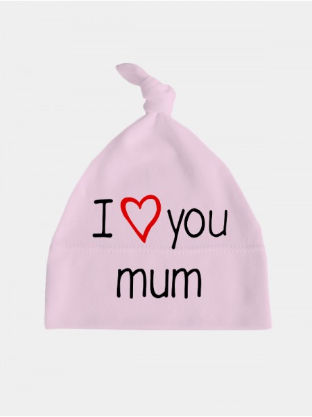Kocham Cię Mamo - czapeczka z supełkiem dla niemowląt