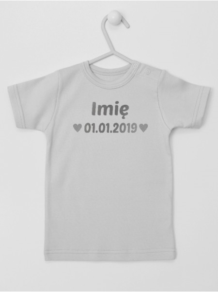 Imię oraz Data Urodzenia Dziecka Nadruk Srebrny - koszulka z metryczką