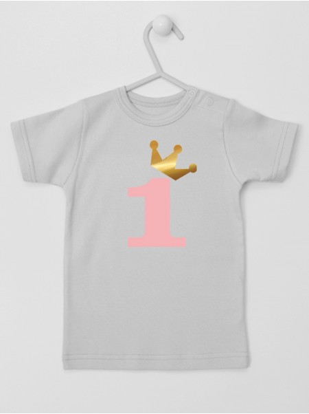 Jedynka Różowa Ze Złotą Koroną  - koszulka na pierwsze urodziny