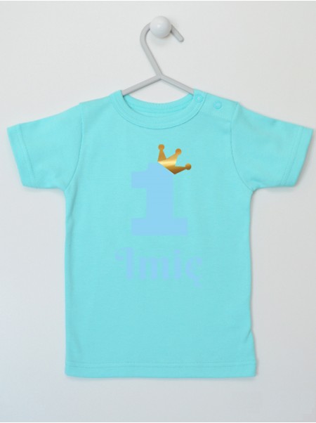 Jedynka Kolor Niebieski z Koroną - koszulka na roczek z imieniem