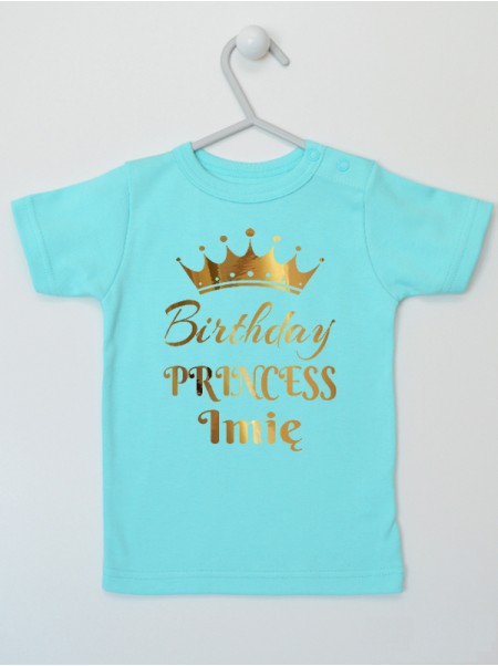 Birthday Princess Nadruk Złoty z Imieniem - koszulka dla niemowląt