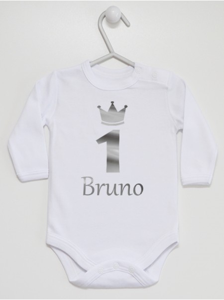 Body dla chłopca na roczek Jedynka Srebrna z imieniem Bruno  rozmiar 86 długi rękaw nadruk srebrny
