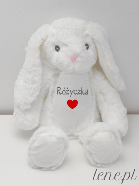   Maskotka Króliczek Biały z Imieniem RÓŻYCZKA 30 cm 