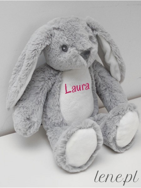   Króliczek Szary z imieniem Laura kolor nadruku ciemno-różowy 30 cm - maskotka niemowlęca