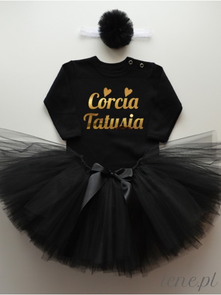 Spódnica Tiulowa Czarna Tutu i Body Czarne Córcia Tatusia Złoty Napis - komplet dla niemowląt Spódnica Tiulowa Czarna Tutu i Body Czarne Córcia Tatusia Złoty Napis - komplet dla niemowląt