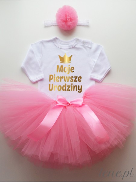 Spódnica Różowa Tutu Tiulowa i Body Moje Pierwsze Urodziny - zestaw na roczek dla niemowlaka
