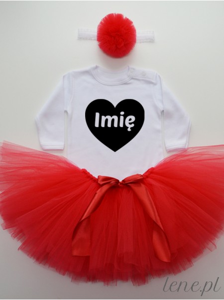 Tutu Spódnica z Tiulu Czerwonego i Body Serduszko Czarne + Imię - komplet dla niemowląt z imieniem