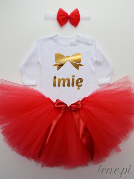 Tutu Spódnica Czerwona Tiulowa i Body Kokardka Złota + Imię - komplet z imieniem dla dziewczynki