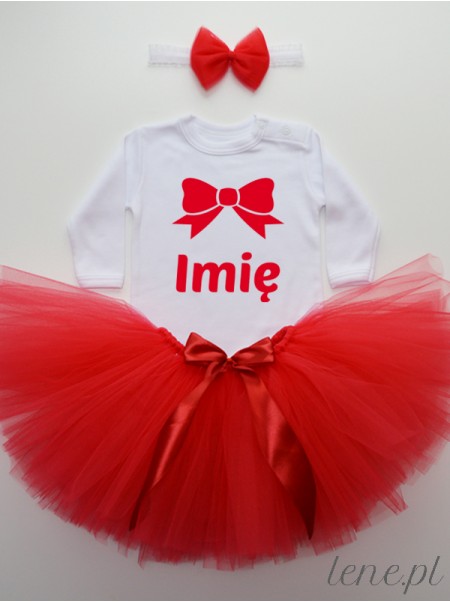 Czerwona Tiulowa Spódniczka Tutu i Body Kokardka Czerwona + Imię - komplet z imieniem dla dziewczynki