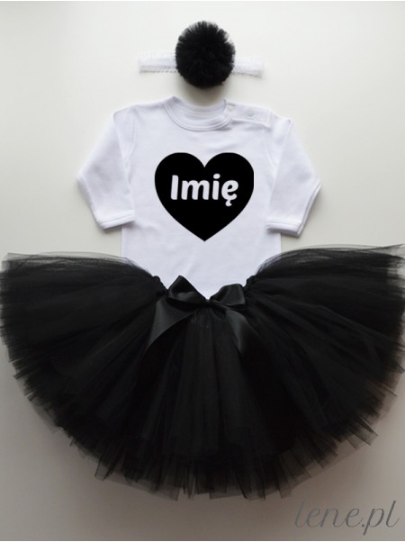 Spódniczka Tutu z Tiulu Czarnego i Body Serce Czarne + Imię - komplet z imieniem dla niemowlaka