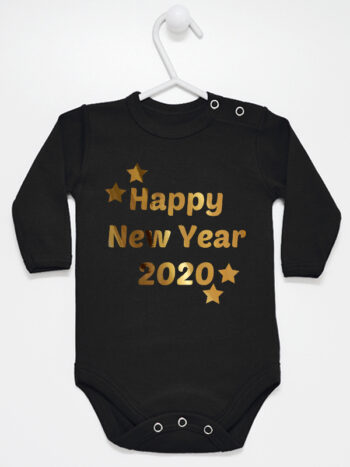 Życzenia Happy New Year + Aktualny Rok 2026 - body noworoczne z nadrukiem - Czarny - Długi rękaw