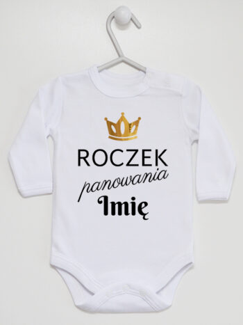 Roczek Panowania z Koroną Złotą - body z imieniem - Biały - Długi rękaw