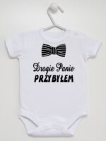 Drogie Panie Przybyłem z Muchą Nadruk Czarny - body dla chłopca - Biały - Krótki rękaw