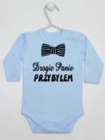 Drogie Panie Przybyłem z Muchą Nadruk Czarny - body dla chłopca - Błękitny - Długi rękaw