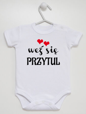 Weź Się Przytul z Serduszkami - body z napisami dla dzieci - Biały - Krótki rękaw