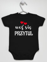 Weź Się Przytul z Serduszkami - body z napisami dla dzieci - Czarny - Krótki rękaw