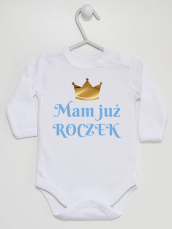 Mam Już Roczek z Koroną Nadruk Błękit - body dla chłopca - Biały - Długi rękaw