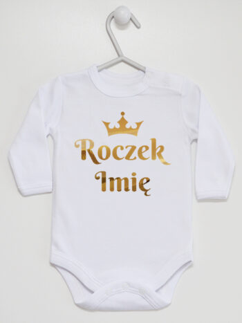 Na Roczek Personalizowane Nadruk Złoty - body z imieniem - Biały - Długi rękaw