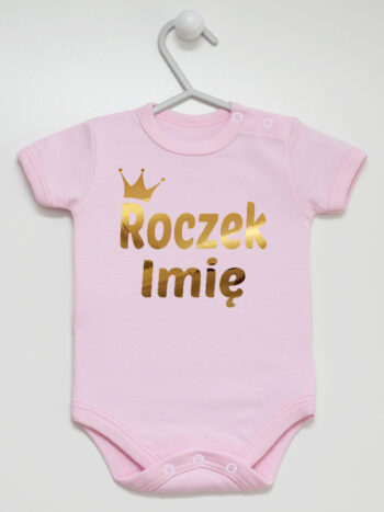 Na Roczek z Koroną i Imieniem - body dla niemowlaka - Różowy - Krótki rękaw