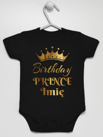 Birthday Prince z Koroną - bodziak z imieniem na roczek - Czarny - Krótki rękaw