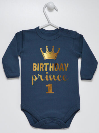 Birthday Prince na Pierwsze Urodziny - body dla chłopca - Granatowy - Długi rękaw