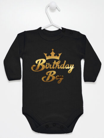 Birthday Boy Napis Złoty z Koroną - body dla chłopca na urodziny - Czarny - Długi rękaw