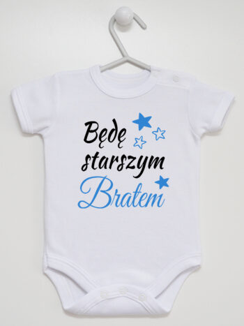 Bedę Starszym Bratem z Gwiazdkami - bodziak dla chłopca - Biały - Krótki rękaw