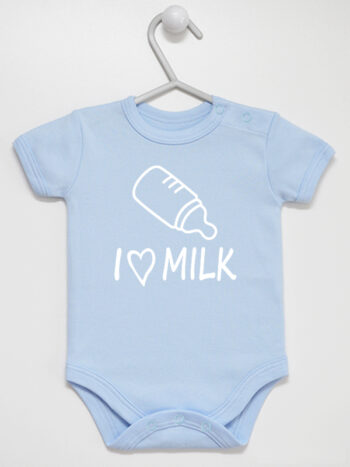 I Love Milk z Serduszkiem i Butelką - bodziak z nadrukiem - Błękitny - Krótki rękaw