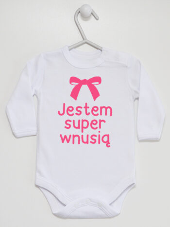 Jestem Super Wnusią z Różową Kokardą - body dla dziewczynki - Biały - Długi rękaw