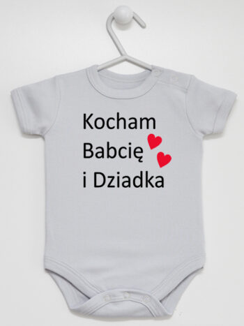 Kocham Babcię I Dziadka z Czerwonymi Serduszkami - bodziak dla niemowlaka - Szary - Krótki rękaw