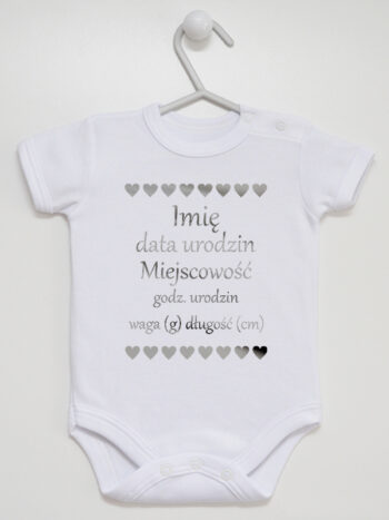 Metryczka Urodzenia Dziecka Kolor Srebrny - body personalizowane - Biały - Krótki rękaw