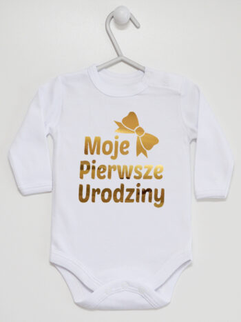 Moje Pierwsze Urodziny z Kokardą Nadruk Złoty- body dziecięce - Biały - Długi rękaw