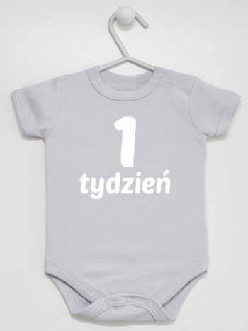 Pierwszy Tydzień - body z nadrukiem dla noworodka - Szary - Krótki rękaw