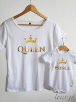Queen and Prince nadruk Złoty - ubranie mama i syn - Biały