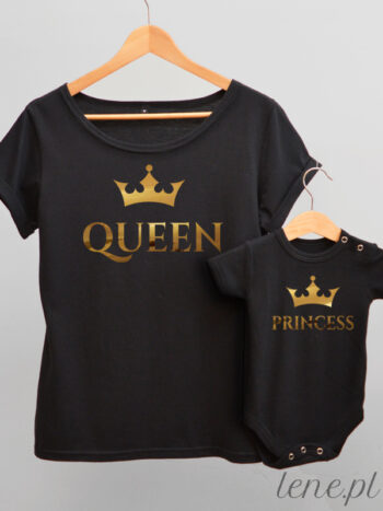 Queen and Princess Nadruk Złoty - zestaw mama i córka - Czarny