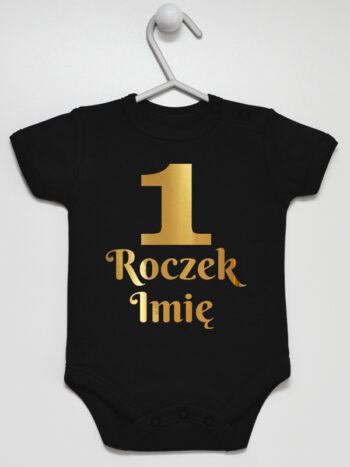 Jedynka Roczek z Imieniem Nadruk Złoty - bodziak na roczek - Czarny - Krótki rękaw