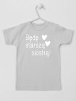 Będę Starszą Siostrą Nadruk z Sercami - koszulka dla dziewczynki - Szary - Koszulka krótki rękaw