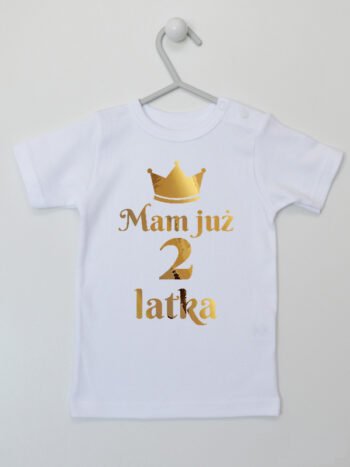 Mam Już 2 Latka z Koroną Nadruk Złoty - koszulka z nadrukiem - Biały - Koszulka krótki rękaw