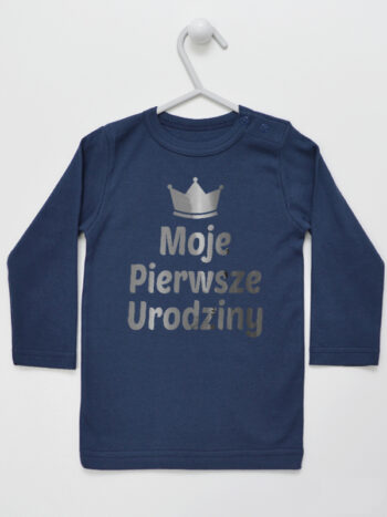 Moje Pierwsze Urodziny Kolor Nadruku Srebrny - koszulka na roczek - Granatowy - Koszulka długi rękaw