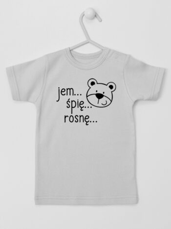 Jem Śpię Rosnę Nadruk z Misiem - t-shirt niemowlęcy - Szary - Koszulka krótki rękaw