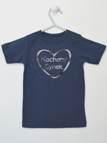 Kochany Synek Nadruk Srebrny w Serduszku - t-shirt dla chłopca - Granatowy - Koszulka krótki rękaw