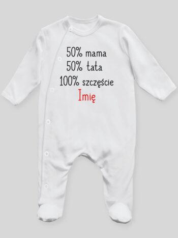 50% Mama 50% Tata 100% Szczęścia - pajacyk z imieniem - Biały