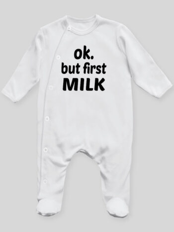 Ok But First Milk - pajac niemowlęcy - Biały