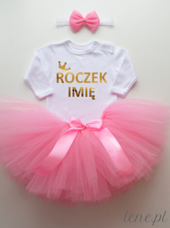 Różowa Spódniczka Tiulowa Tutu i Body Korona Złota Roczek z Imieniem - komplet dla dziewczynki na roczek - Krótki