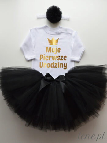 Komplet Czarna Spódniczka Tiulowa Tutu i Body Korona Pierwsze Urodziny dla dziewczynki na roczek - Długi