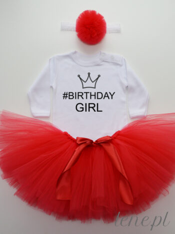 Spódniczka Tiulowa Tutu Czerwona i Body Birthday Girl Korona - komplet na urodziny dla dziewczynki - Krótki
